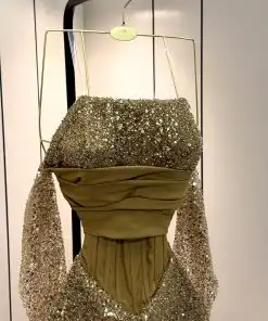 Alternative view of فستان سهرة ذهبي فاخر مرصع بالترتر مع أكمام طويلة