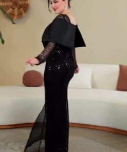Alternative view of فستان سهرة أسود لامع بأكمام دانتيل