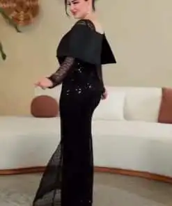 Alternative view of فستان سهرة أسود لامع بأكمام دانتيل