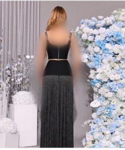 Alternative view of طقم سهرة أسود قطعتين بتطريز كريستال وشراشيب طويلة