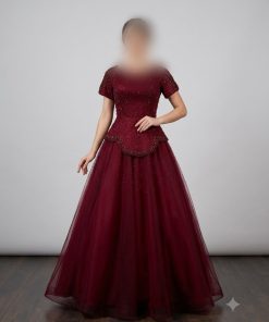فستان سهرة عودي منفوش مطرز بأكمام قصيرة