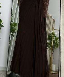 Alternative view of فستان سهرة بني طويل بكاب وأكمام شفافة