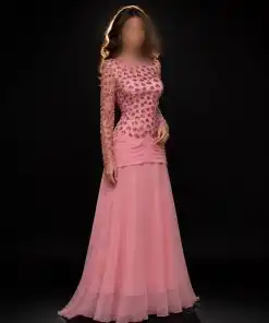 فستان سهرة طويل بتطريز زهور وأكمام شفافة أنيقة