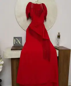 Alternative view of فستان سهرة أحمر طويل بتصميم راقٍ مع شراريب براقة وبوليرو أنيق