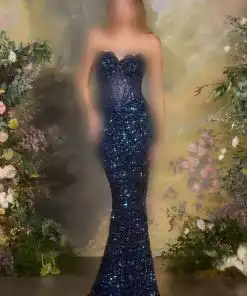 فستان سهرة كحلي براق بالكامل بتصميم حورية البحر وكورسيه شفاف