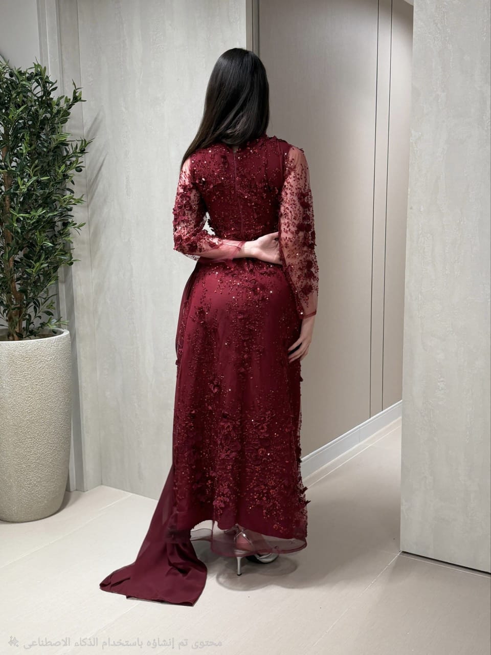 فستان سهرة عنابي طويل بتصميم ياقة مرتفعة وأكمام طويلة مطرزة مع ذيل جانبي منسدل - الصورة 5