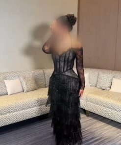 فستان سهرة أسود فاخر بتصميم كورسيه دانتيل وأكمام شفافة مع تنورة شراريب