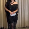 فستان سهرة أسود طويل بتصميم أوف شولدر وأشرطة متقاطعة