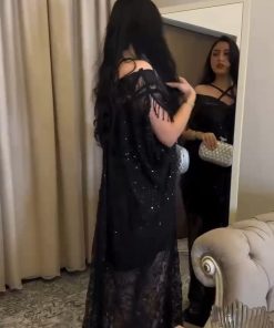Alternative view of فستان سهرة أسود طويل بتصميم أوف شولدر وأشرطة متقاطعة