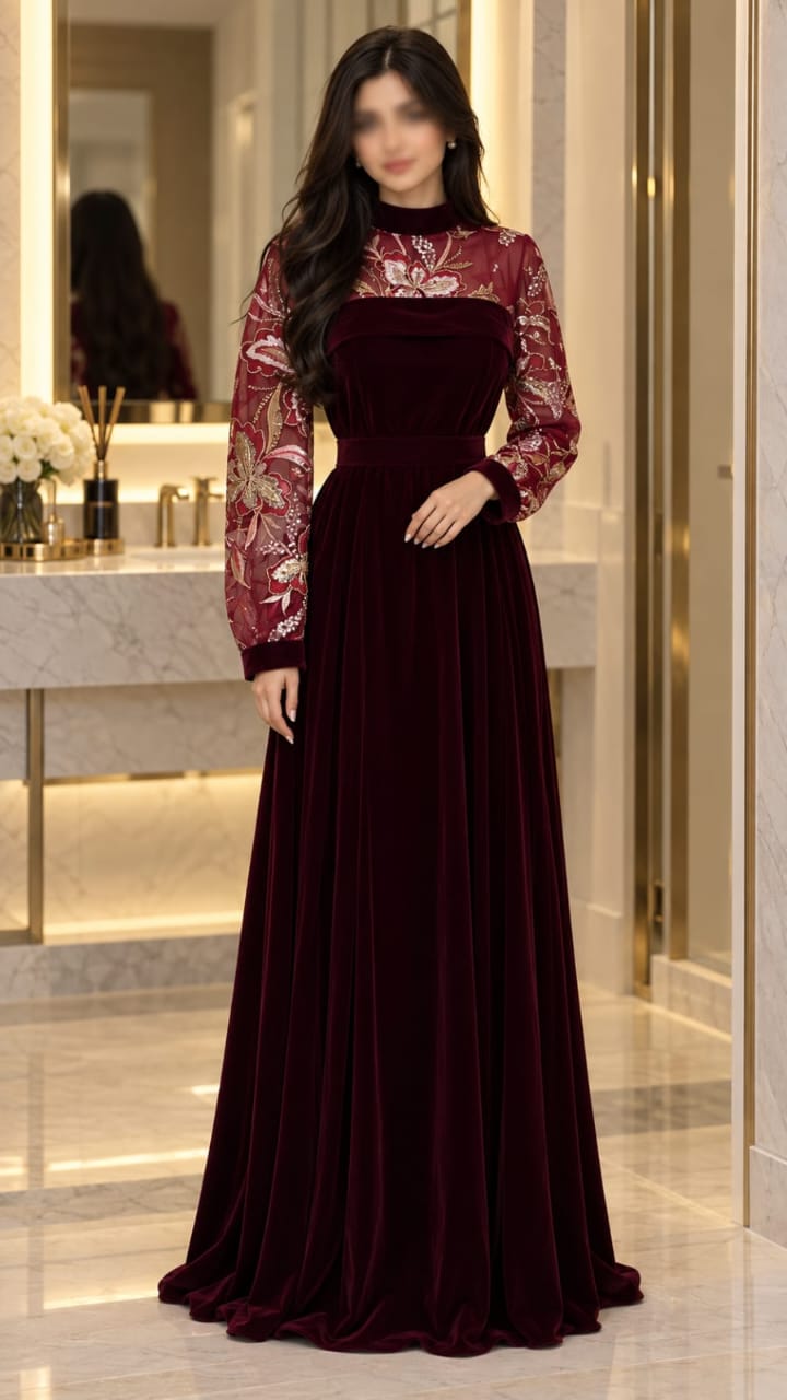 فستان سهرة مخمل عنابي طويل بأكمام مطرزة وتصميم ظهر راقٍ