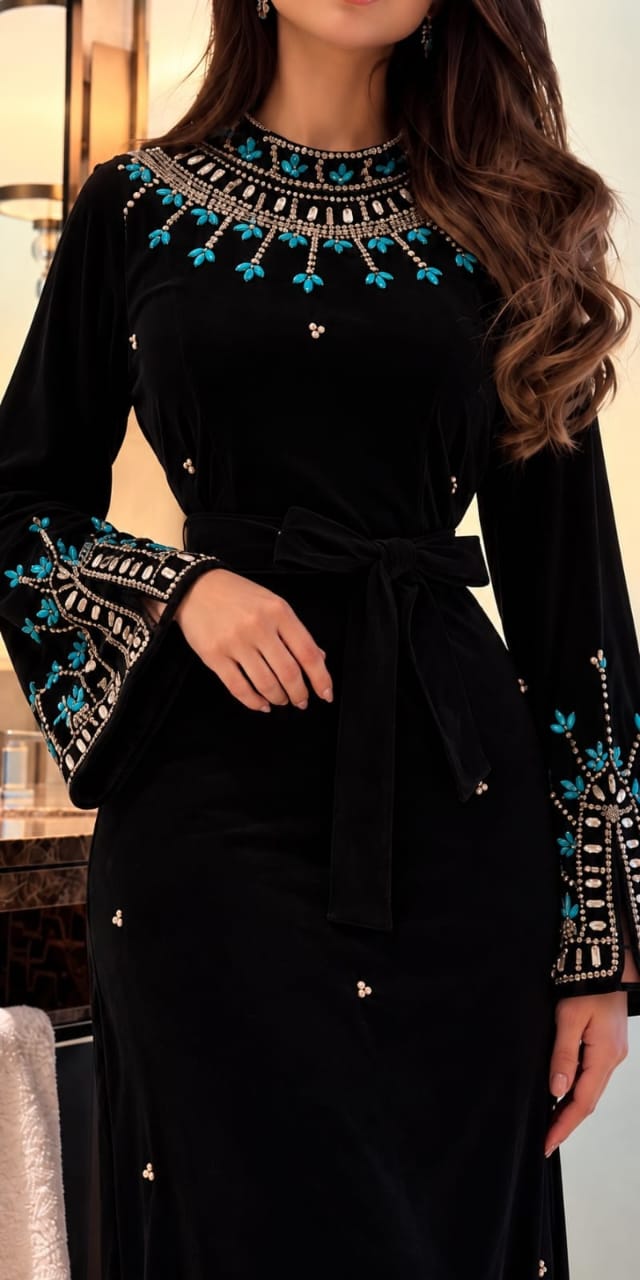فستان سهرة مخمل أسود طويل بتطريز فيروزجي فاخر