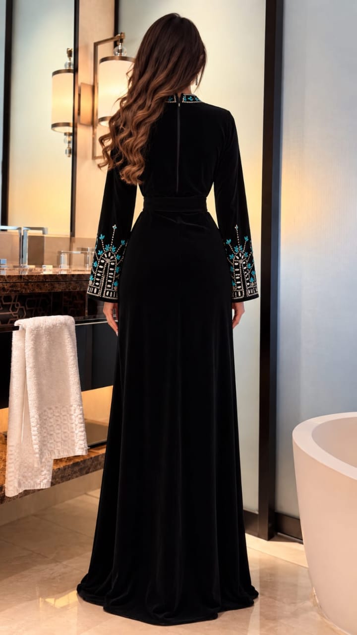 فستان سهرة مخمل أسود طويل بتطريز فيروزجي فاخر - الصورة 2