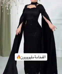 Alternative view of فستان سهرة أسود طويل بتصميم كاب خلفي منسدل وياقة كورسيه مرصعة باللؤلؤ والترتر