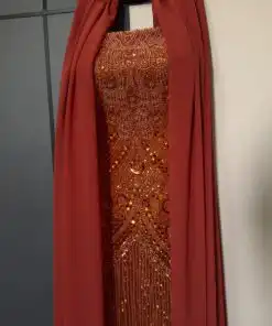 Alternative view of فستان سهرة نحاسي طويل بتصميم كاب رقيق وشراشيب مطرزة بالكامل بالكريستال البراق