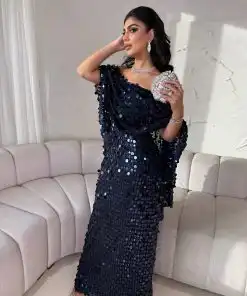 فستان سهرة كحلي طويل بكتف واحد مرصع بالكامل بالترتر الدائري البراق